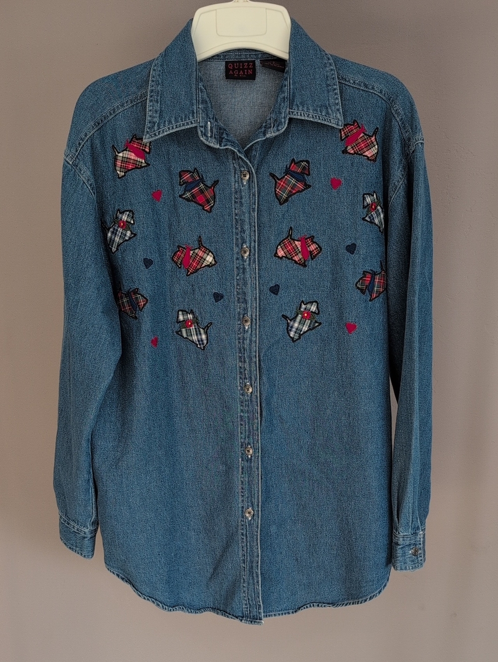 Denim Chambray Embroidered Button-down Scottie Dogs Quizz Again & Co
